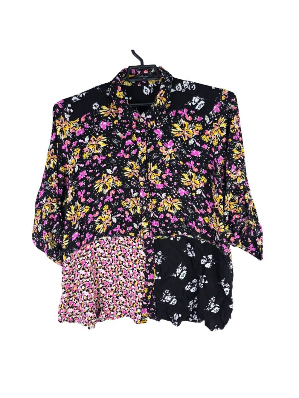 Womens Caleoas Black & Multicolor Floral Patchwork Button Up Blouse Rayon 3X